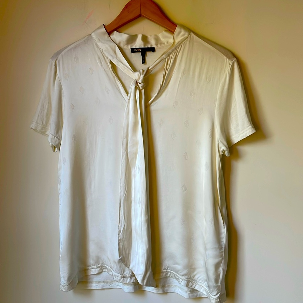 Maje Small bow tie blouse with M monochrome detail v neck viscose short sleeve 2